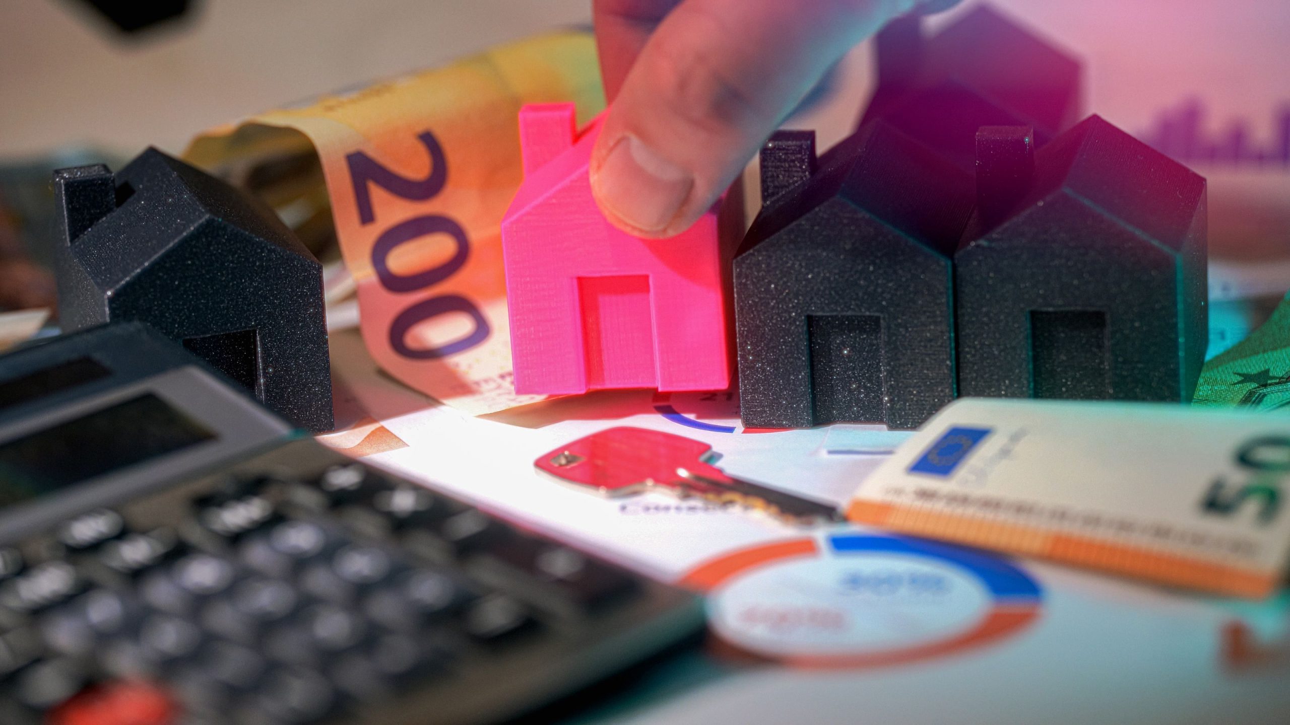 Maisons miniatures, billets euros et calculatrice