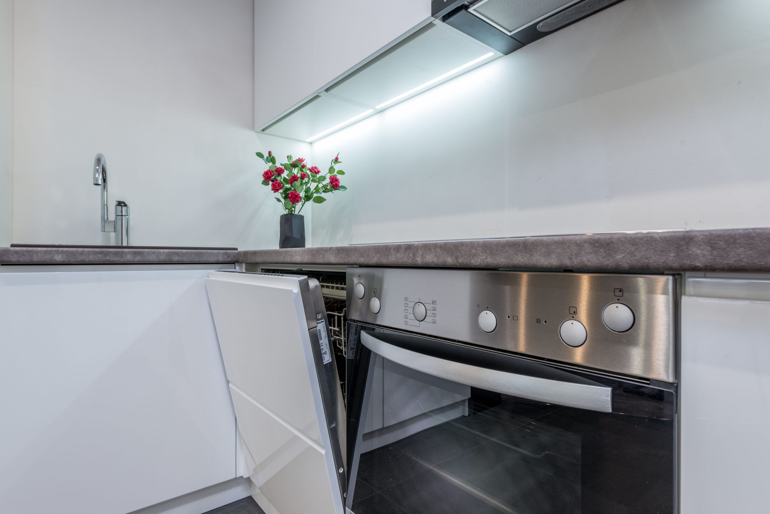 Lave-vaisselle ouvert cuisine elegante fleurs colores